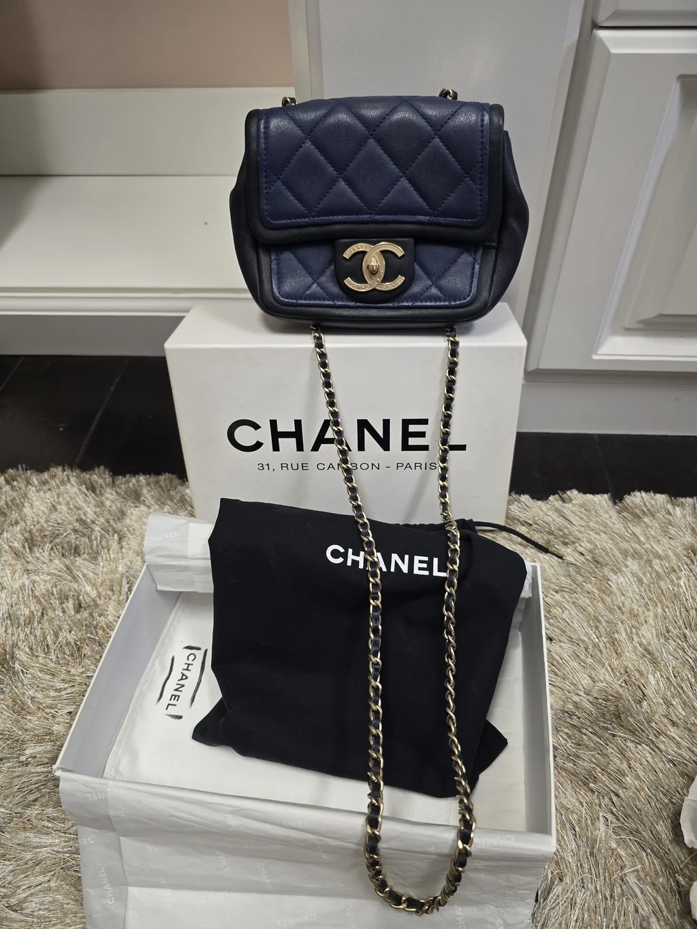 Chanel Quilted Navy Lambskin Mini Bag with Gold CC Turnlock